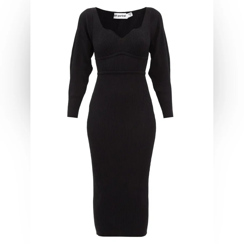 SELF-PORTRAIT Sweetheart-Neck Ribbed-Knit bodycon  Midi Dress - Picture 2 of 16